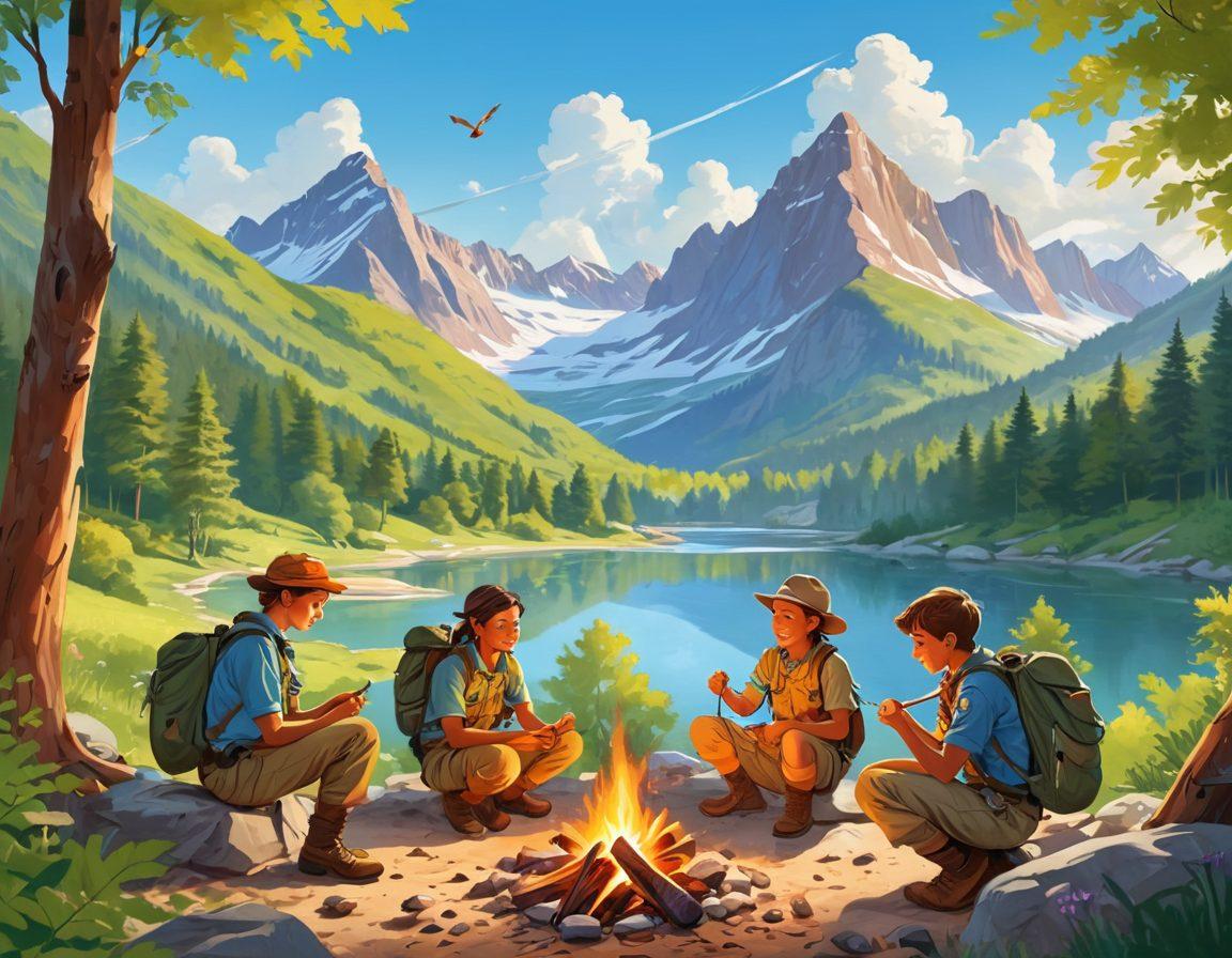 A dynamic scene showcasing a diverse group of scout leaders and young adventurers engaged in various outdoor skills, like tying knots, map reading, and cooking over a campfire, set against a stunning mountain backdrop. Include vibrant greenery, a clear blue sky, and playful wildlife in the background to emphasize the beauty of nature. The atmosphere should radiate excitement and camaraderie, inviting viewers to embrace adventure. vector art. vibrant colors.