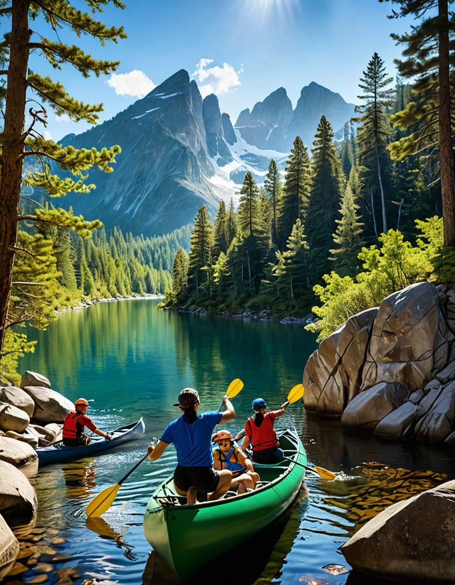 A diverse group of team members engaged in outdoor activities such as climbing, canoeing, and group challenges against a picturesque backdrop of mountains and forests. The scene captures excitement and teamwork, with individuals demonstrating leadership and collaboration. Emphasize facial expressions of joy and determination, along with nature's vibrant colors and the sun shining brightly in a clear blue sky. super-realistic. vibrant colors. outdoor setting.