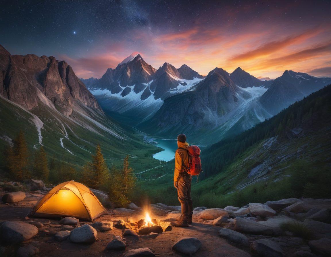 A vibrant scene of a young adventurer surrounded by essential training resources: a flickering campfire casting warm light, climbing gear scattered around, a mountain backdrop, and a compass in hand. The setting should evoke a sense of exploration and excitement, with lush greenery and a starry night sky. super-realistic. vibrant colors. adventurous mood.